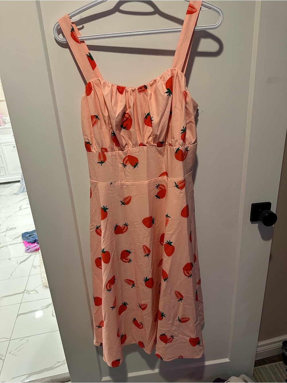 Ladies Peach Strawberry-Print Sundress with Smocked Bodice